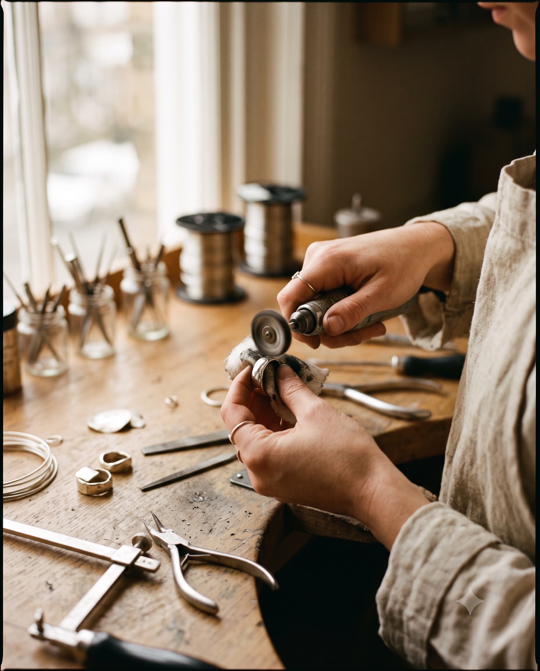 A silversmith polishing a handcrafted 925 silver ring at a wooden workbench